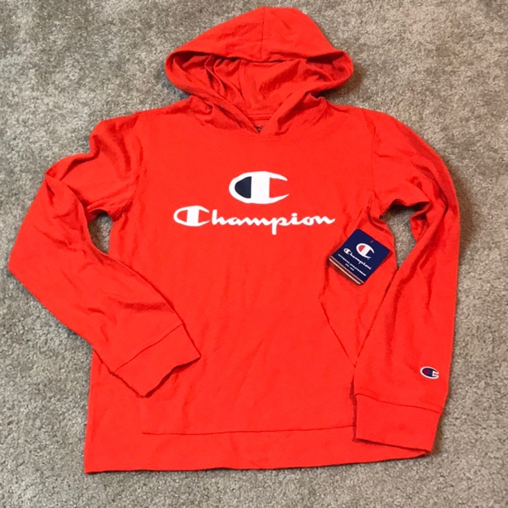 NWT Boys Champion long sleeve orange t shirt w hoodie -  Large